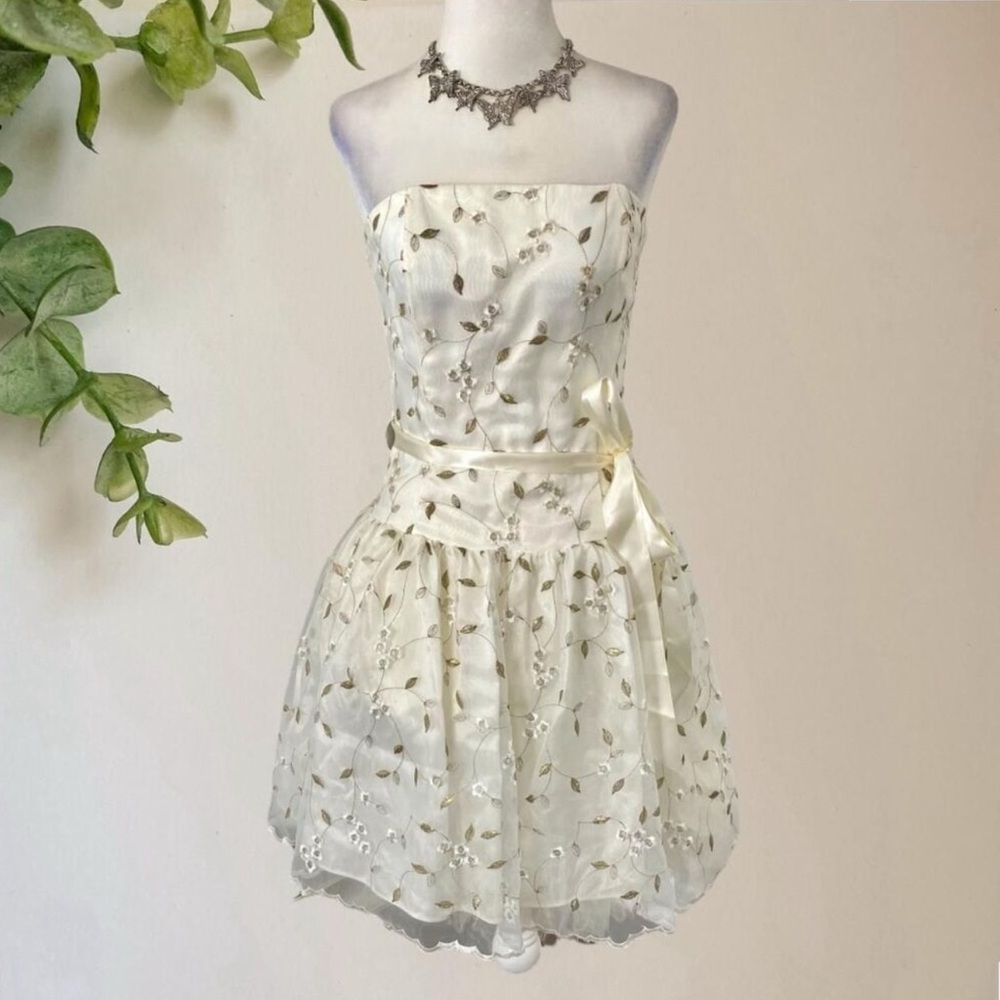 Vintage 90s Jessica McClintock for Gunne Sax strapless cream mini dress (XS)